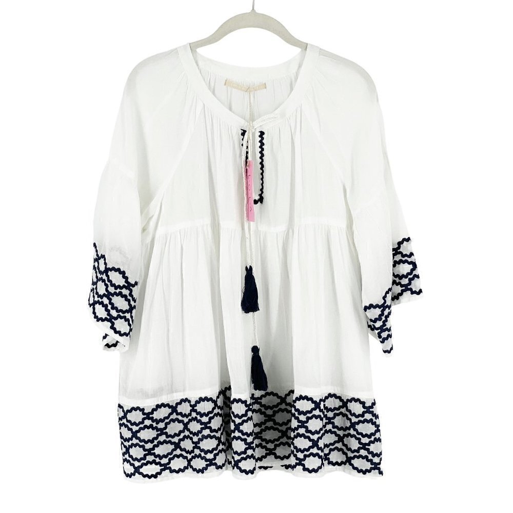 NWT Lola Australia Vacay Ova White Navy Embroidered Peasant Blouse Top Large - Picture 3 of 10